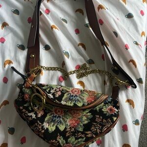 Tapestry Floral Shoulder Bag in Black and Brown
